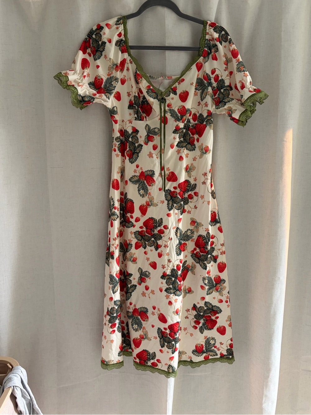 Women's Cream Strawberry Print Midi Dress with Green Trim